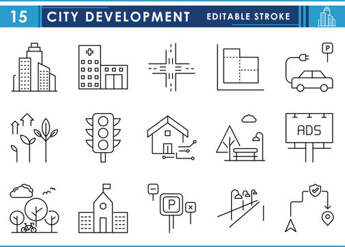 A set of line icons related to City Development. City, urban planning, roads, hospitals, parks, traffic, smart, billboards, green, and so on. Vector editable stroke.