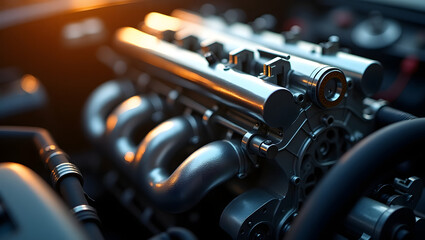 Fototapeta premium Modern car engine compartment with components in warm light