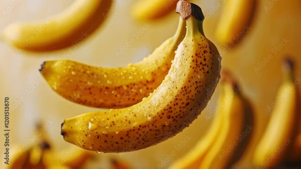 Poster A cluster of ripe, yellow bananas floats dynamically against a bright, colorful background. Their smooth texture and fresh appearance create an engaging visual delight that captures attention.