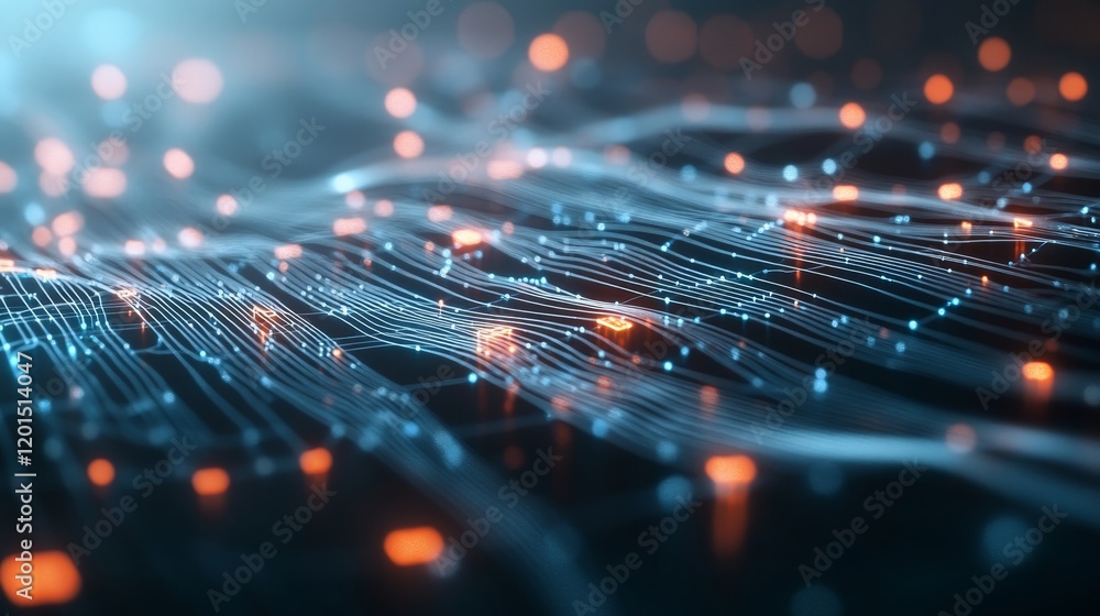 Poster close up of fiber optic and network cables light rays and connection icons on a grey background