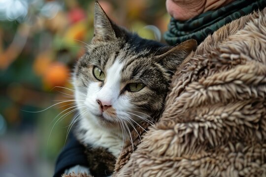 Adorable tabby cat finding comfort and warmth in the arms of a senior woman, enjoying a peaceful moment together outdoors during the fall season
