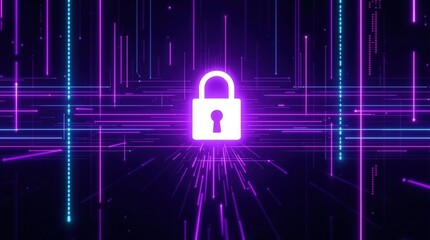 Glowing padlock icon on a digital background with neon lights and data streams. Represents cybersecurity, data protection, and online security