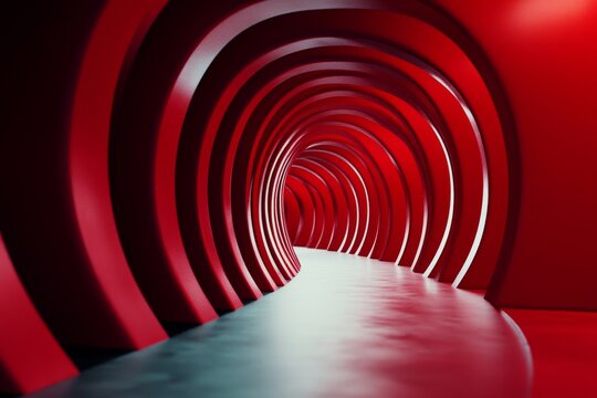 Stunning 3d render of abstract background with red geometric shapes in tunnel photography style