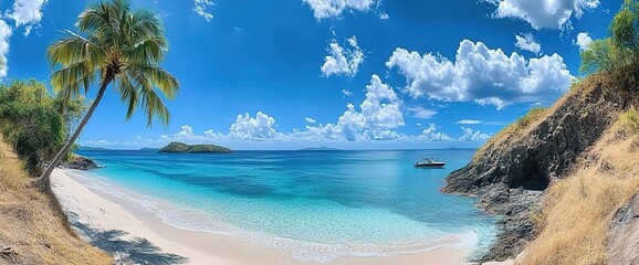 Fototapeta premium Panoramic photo of an exotic Caribbean beach, turquoise water, palm trees, blue sky with white clouds.