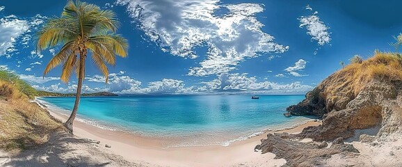  Panoramic photo of an exotic Caribbean beach, turquoise water, palm trees, blue sky with white clouds.