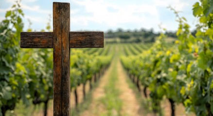 Fototapeta premium Wooden Cross in a Vineyard Setting
