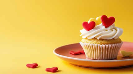 Delicious Vanilla Cupcake with Red and Yellow Hearts Festive Treat
