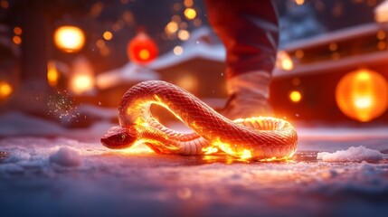 Fiery Red Snake on a Winter Night with Lanterns. Generative AI