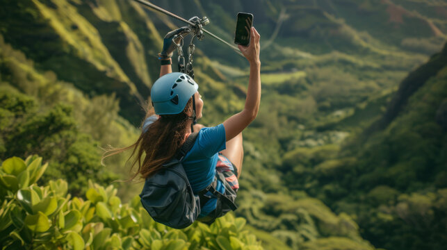 Woman wearing a blue helmet and harness ziplining over a lush green valley, capturing a selfie with her phone. Thrilling outdoor adventure experience