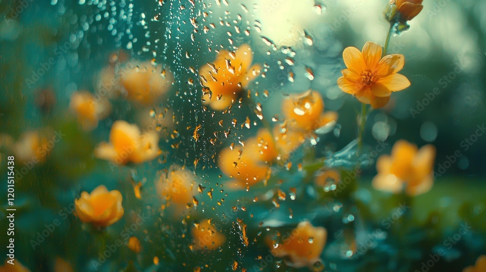 Poster raindrops cascade down a glass pane, creating a mesmerizing blur of yellow flowers and soft greenery