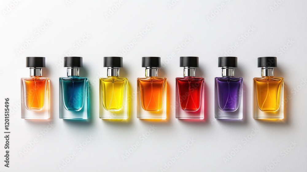Poster colorful perfume bottles arranged in a row on white background elegant fragrance collection display