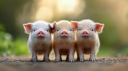 Adorable trio of baby piglets standing side by side on a sunlit path, showcasing their cute pink snouts and fuzzy ears, with a soft bokeh background creating a serene and natural ambiance.