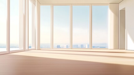 A bright and elegant empty room featuring large windows, natural light, and minimalist decor, perfect for various design inspirations and concepts.