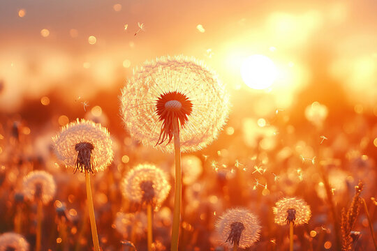 Romantic sunset in field, golden hour, generative AI image