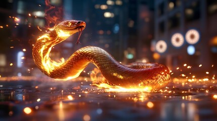 Fiery Snake in Urban Cityscape. Generative AI