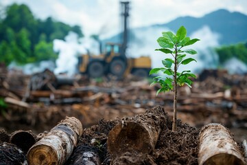 Obraz premium Young Sapling Growing Amidst Deforestation Scene A Symbol of Hope and Regeneration