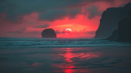Taitomo Island, Piha There is a sunset showing red.