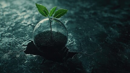 A glowing green sapling enclosed in a transparent sphere, symbolizing sustainability, protection, and the fragility of life in a dark, textured environment. Generative AI.