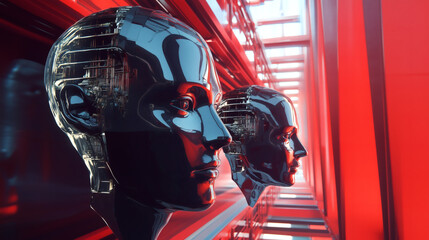 Two robotic heads with intricate circuitry are displayed in a futuristic setting, symbolizing the advancement of artificial intelligence and robotics