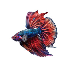 Fototapeta premium Fiery Finned Beauty: A vibrant Siamese fighting fish, known for its stunning iridescent scales and flowing fins, swims with grace and elegance.