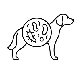 Digestion of dog, line icon. Canine silhouette and bacterials, cells, parasites. Veterinary, dog nutrition, vet clinic, digestion. Linear illustration, editable strokes, vector, pictogram