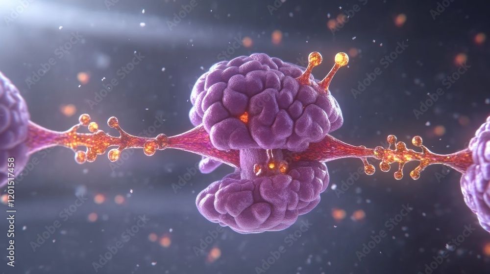 Poster synaptic connections 3d render of neural communication in the brain, highlighted pathway