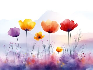 Fototapeta premium Watercolor Poppy Meadow: Serene Mountain Landscape