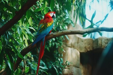 Obraz premium A vibrant scene of a scarlet macaw perched on a branch, its colorful feathers contrasting with green leaves.