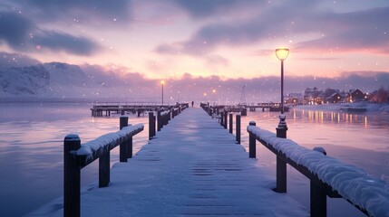 Obraz premium Winter Wonderland: A Serene Snow-Covered Pier at Sunset
