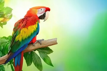 Fototapeta premium A vibrant scene of a scarlet macaw perched on a branch, its colorful feathers contrasting with green leaves.