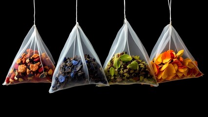 Four Elegant Pyramid Tea Bags in Various Natural Hues, Suspended From Strings, Creating a Visually Compelling Image on a Black Canvas