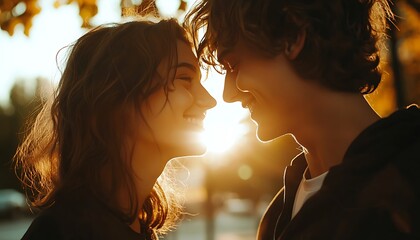 Adorable couple in love, dating outdoors at a sunny park, looking at each other with happiness and love