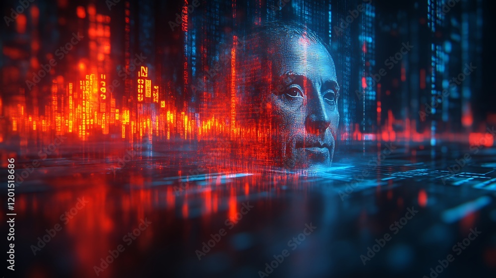 Aufkleber digital face emerging from data stream