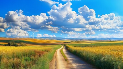 Wind turbines in a field under a clear sky.

