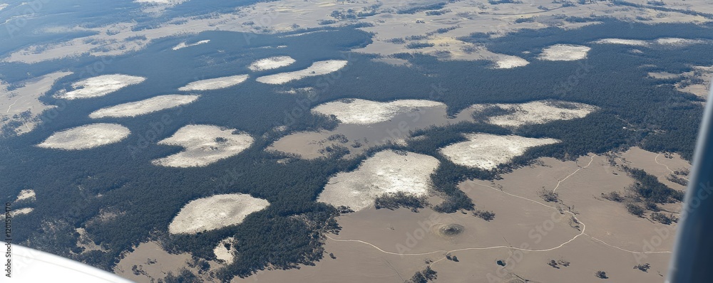 Poster aerial view of intricate circular patterns in a lush forested landscape