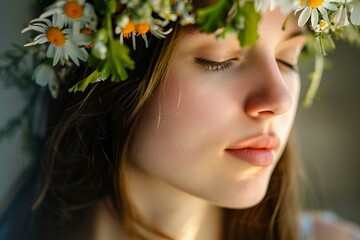 Naklejka premium Portrait of a beautiful teenage girl wearing a crown of daisies, her eyes closed, enjoying a moment of summer relaxation