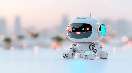 Cute robot sits in city bokeh.  Future tech, AI companion