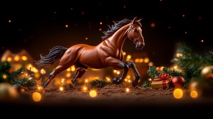 A brown horse running through a festive village with holiday lights and blurred gifts. Generative AI