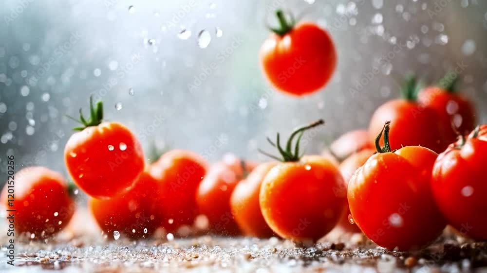 Poster red tomatoes burst into the air amidst a dynamic splash of water droplets, creating an energetic and