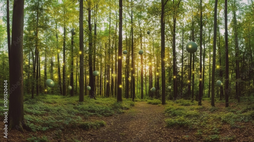 Poster glowing eggs illuminate a forest clearing at twilight, creating a dreamlike atmosphere filled with e