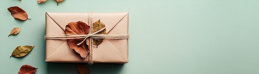 A beautifully crafted gift box made from eco-friendly recycled paper features dried autumn leaves and is neatly tied with a cotton string. The soft pastel background enhances its natural charm