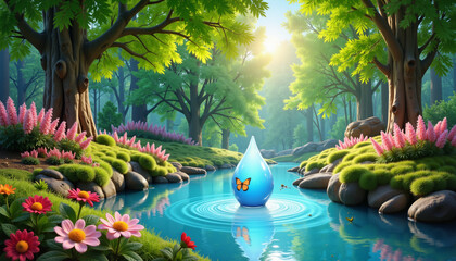 Water drop with butterfly rippling in serene forest lake.World Water Day