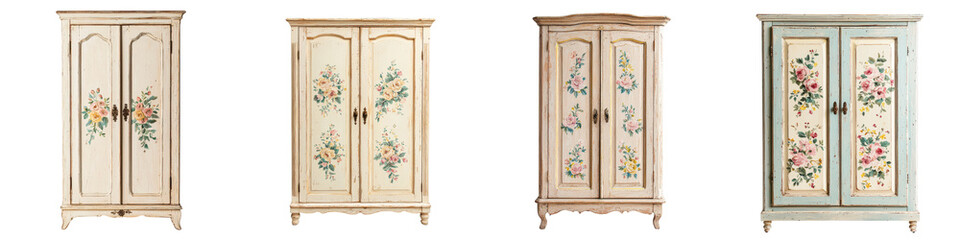 A collection of elegant antique style carved and painted wooden wardrobes cabinets and armoires with intricate floral patterns and ornate designs