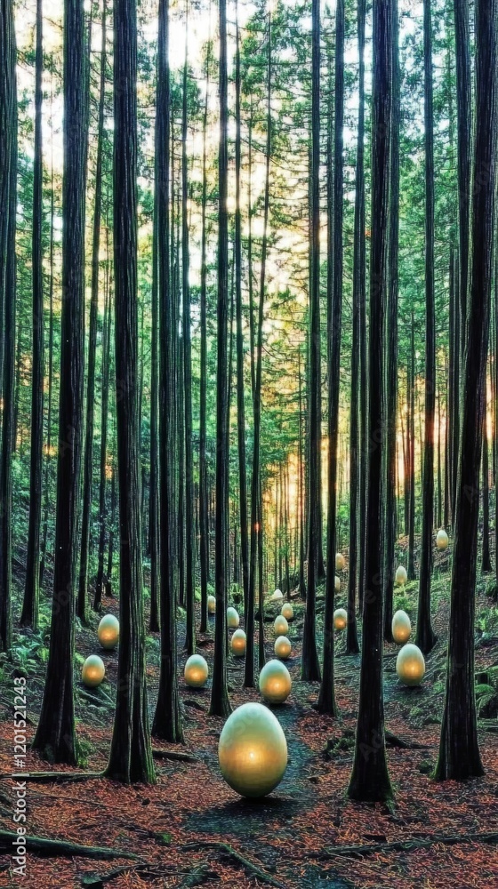 Poster glowing eggs illuminate a mystical forest clearing at twilight, creating a serene and enchanting atm