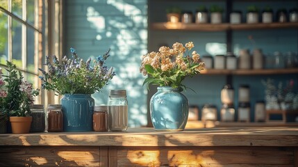 Fototapeta premium Rustic blue vases with flowers styled on a wooden table