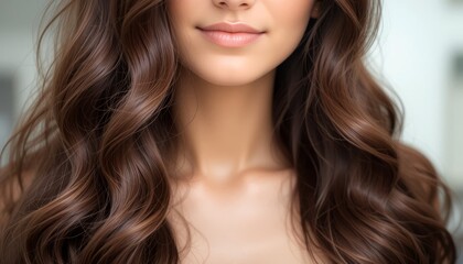 Fototapeta premium Woman with Long Wavy Brown Hair in a Soft Lighting Portrait