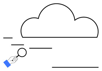 Cloud outline with horizontal lines and a hand holding a magnifying glass, emphasizing data scrutiny. Ideal for cloud computing, data analysis, research, technology, digital security, information