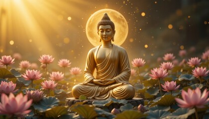 Peaceful Buddha Statue Surrounded by Pink Lotus Flowers at Sunrise