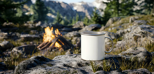 A white enamel mug mockup placed in an outdoor adventure scene, surrounded by a bonfire and forest, perfect for camping gear branding.