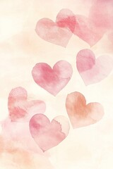 Fototapeta premium Soft blush pink and beige watercolor heart shapes float gracefully on a light cream backdrop, creating a serene and artistic atmosphere perfect for elegant designs